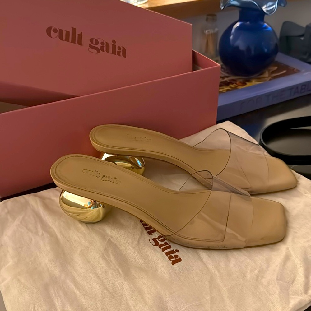 Cult Gaia Tan Mules with Gold Heel